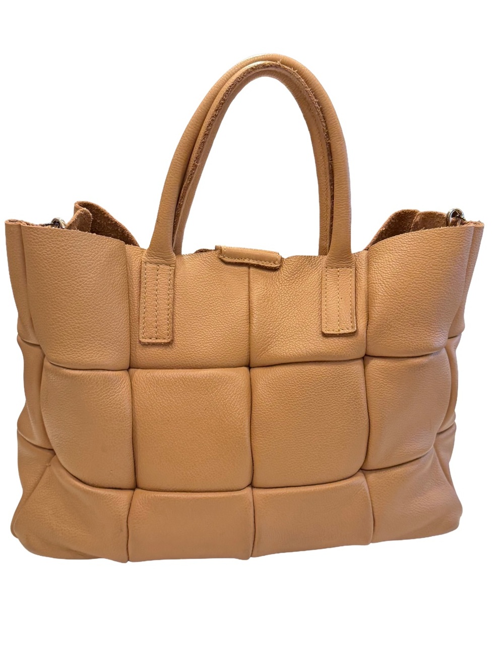 FALOR Women’s Woven Tan Leather Tote Bag Hand Made In Italy EUC